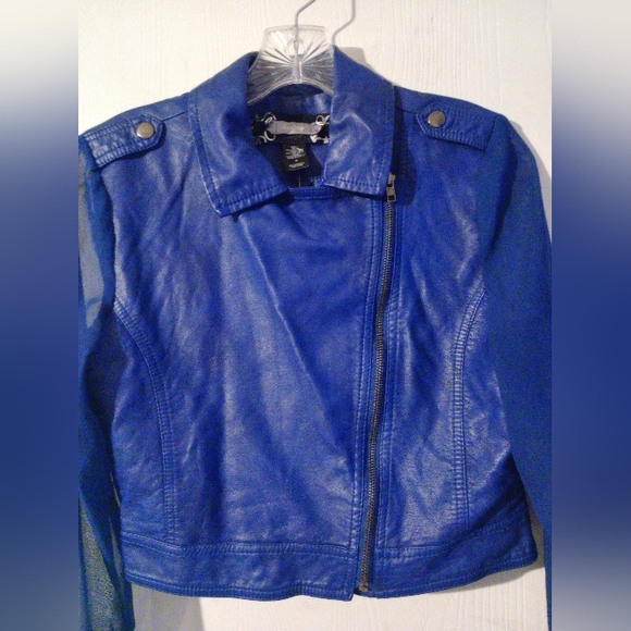 Cropped MOTO Style Jacket w Sheer Sleeves sz. M Blue‎ Faux Leather - Picture 8 of 15